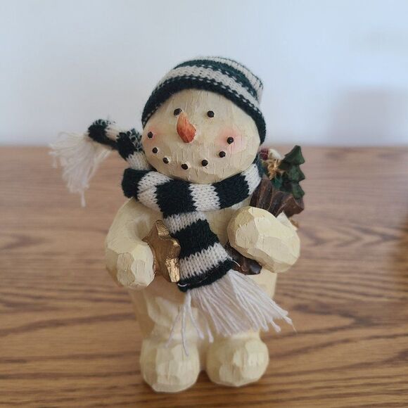 Vintage Wood-Look Snowman Figurine & Ceramic Snowman Bucket Pail Snowman Lot - Picture 6 of 16